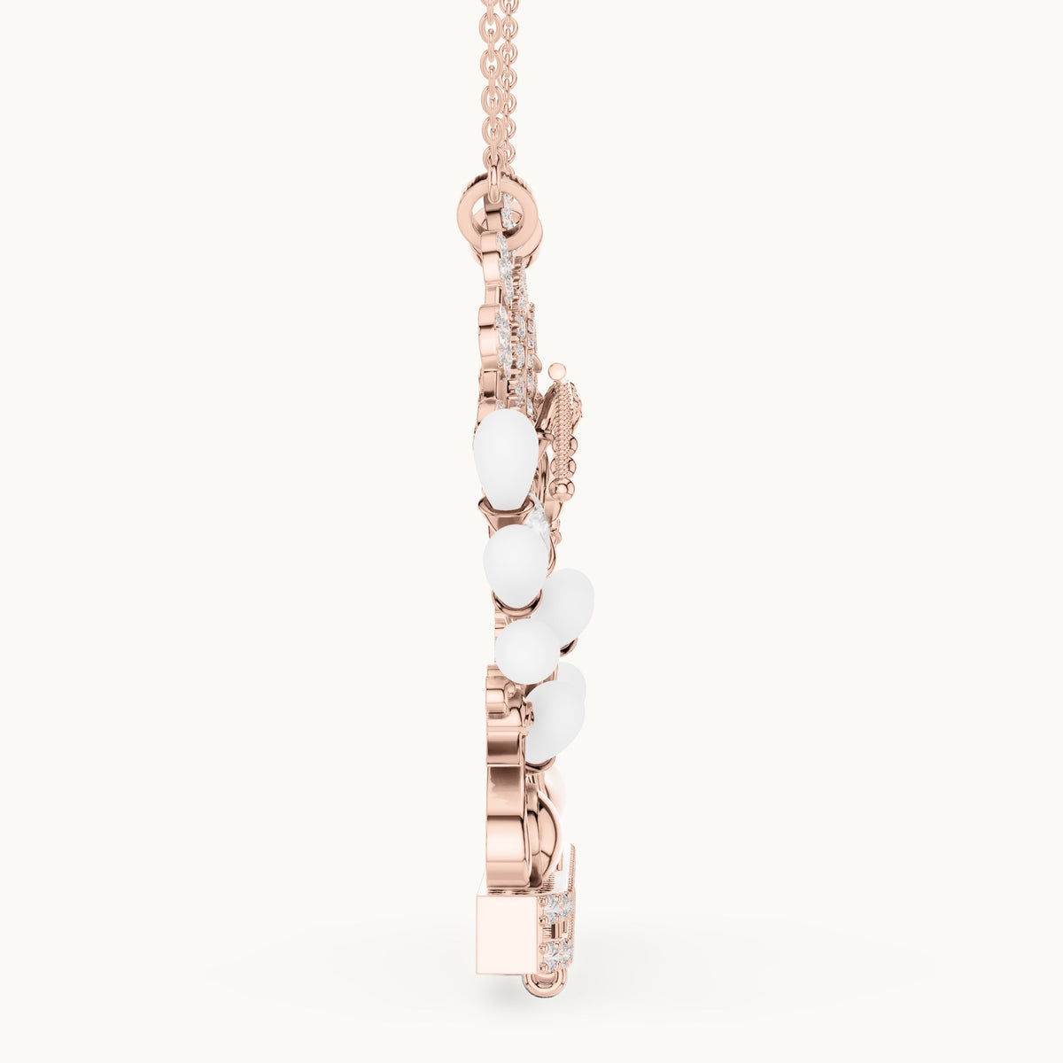 Round lab-grown diamond Radha Krishna peacock arch pendant with white enamel in rose gold, 2.38 CT TW, view 3