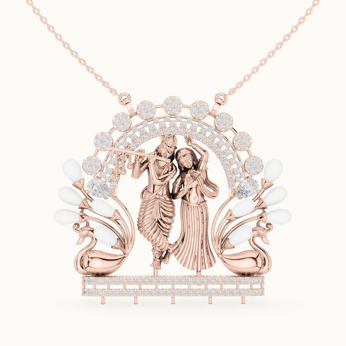 Round lab-grown diamond Radha Krishna peacock arch pendant with white enamel in rose gold, 2.38 CT TW, view 4