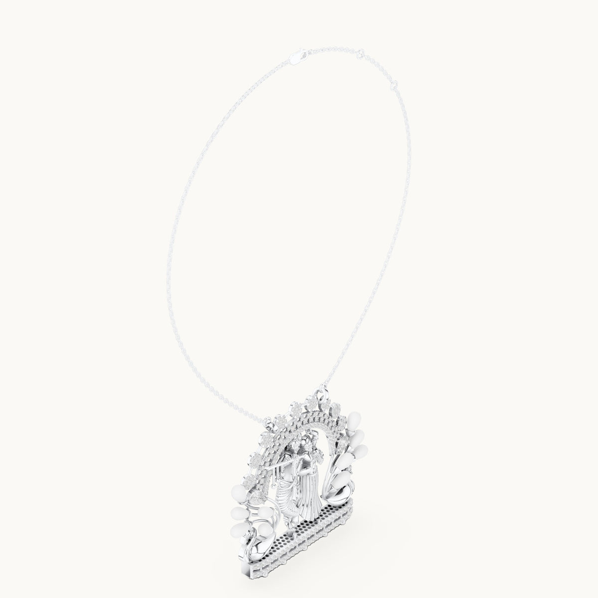 Round lab-grown diamond Radha Krishna peacock arch pendant with white enamel in white gold, 2.38 CT TW, view 1