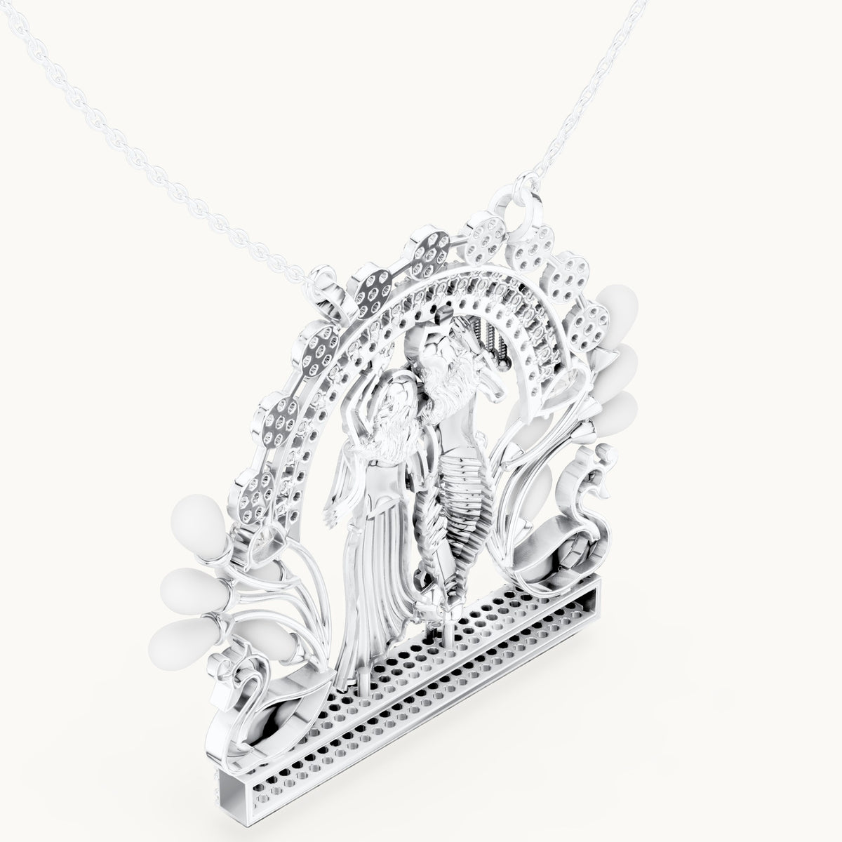 Round lab-grown diamond Radha Krishna peacock arch pendant with white enamel in white gold, 2.38 CT TW, view 2