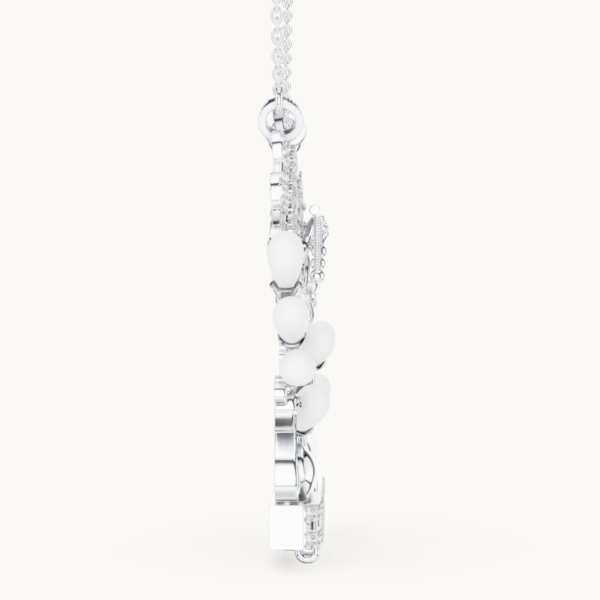 Round lab-grown diamond Radha Krishna peacock arch pendant with white enamel in white gold, 2.38 CT TW, view 3