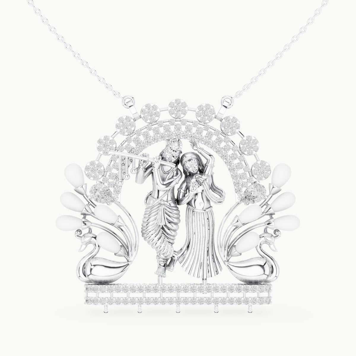 Round lab-grown diamond Radha Krishna peacock arch pendant with white enamel in white gold, 2.38 CT TW, view 4