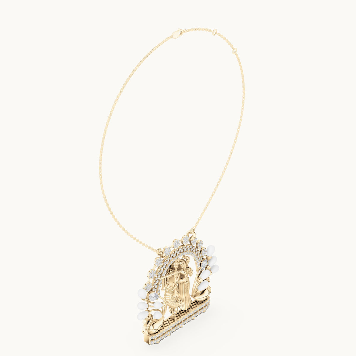 Round lab-grown diamond Radha Krishna peacock arch pendant with white enamel in yellow gold, 2.38 CT TW, view 1
