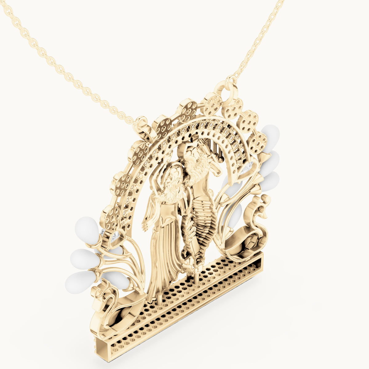 Round lab-grown diamond Radha Krishna peacock arch pendant with white enamel in yellow gold, 2.38 CT TW, view 2