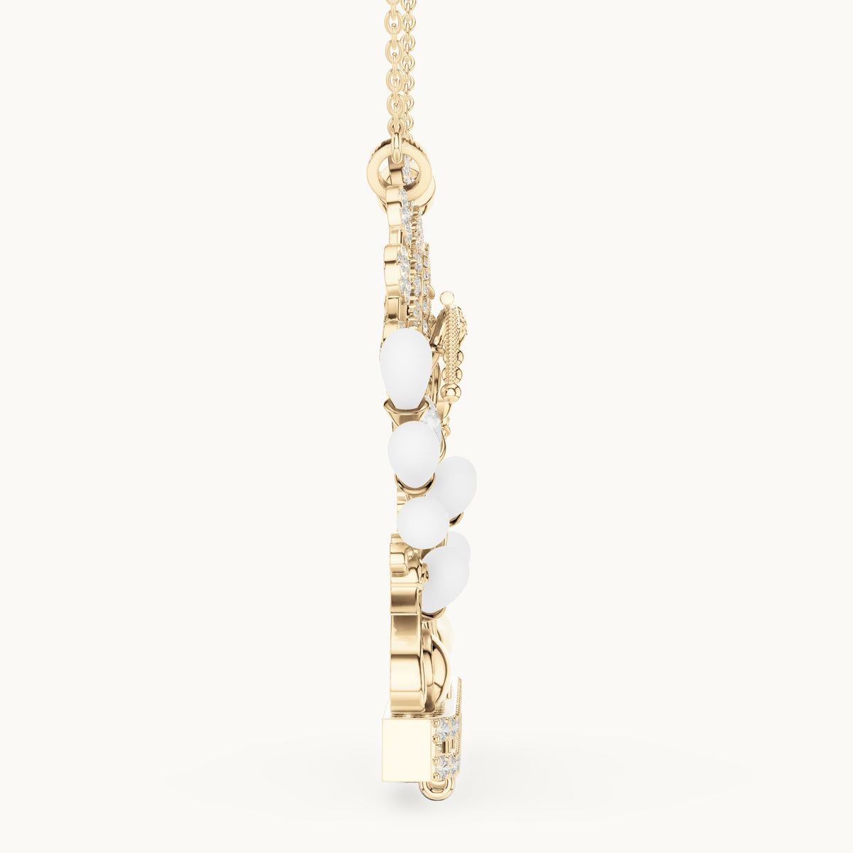 Round lab-grown diamond Radha Krishna peacock arch pendant with white enamel in yellow gold, 2.38 CT TW, view 3