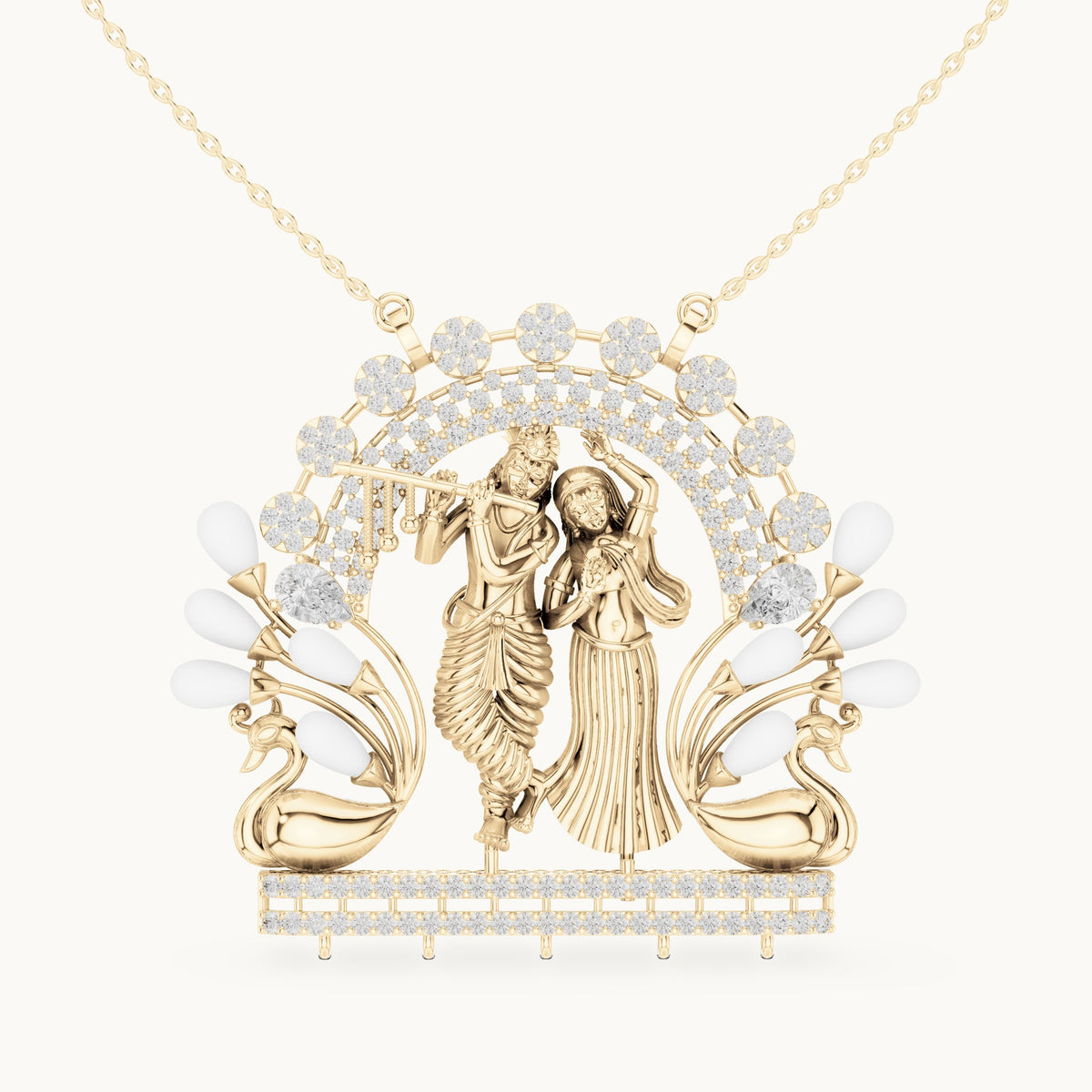 Round lab-grown diamond Radha Krishna peacock arch pendant with white enamel in yellow gold, 2.38 CT TW, view 4