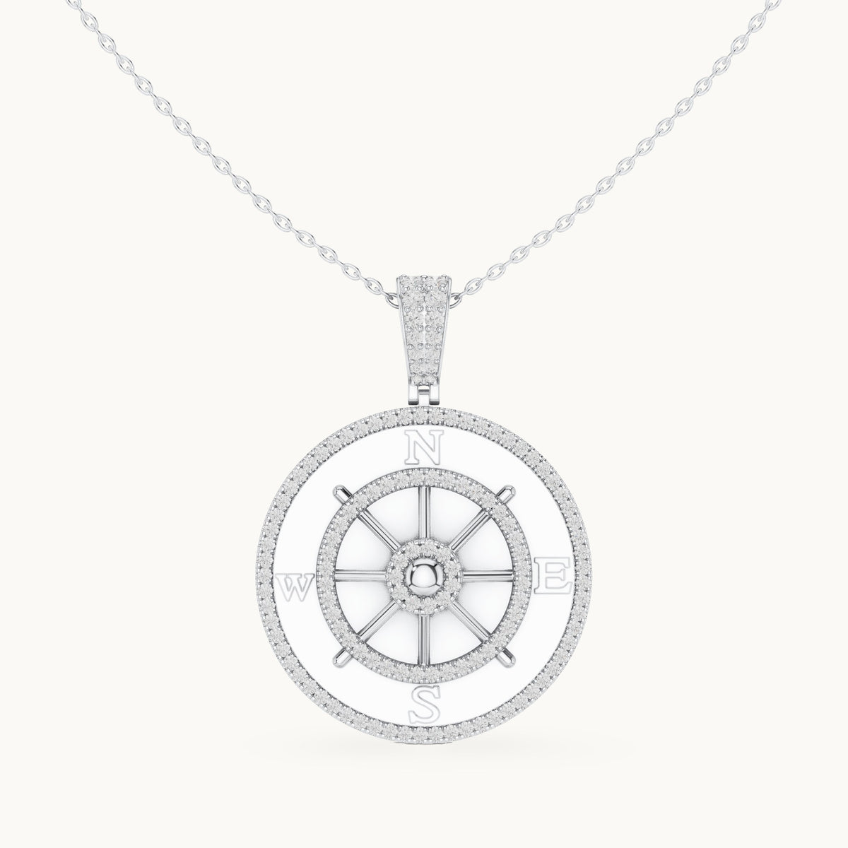 Round lab-grown diamond ship wheel medallion pendant in white gold, 1.408 CT TW, view 4