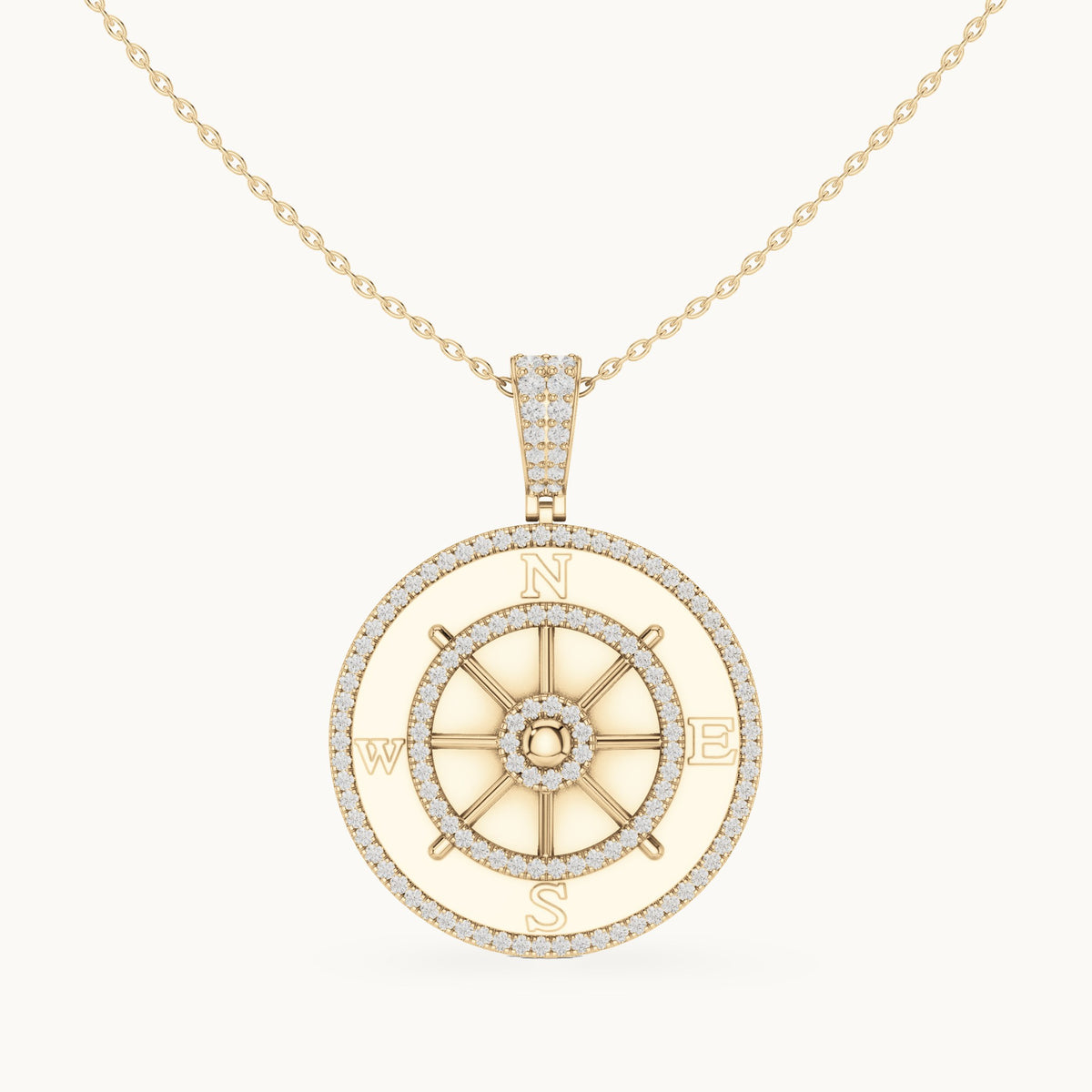 Round lab-grown diamond ship wheel medallion pendant in yellow gold, 1.408 CT TW, view 4