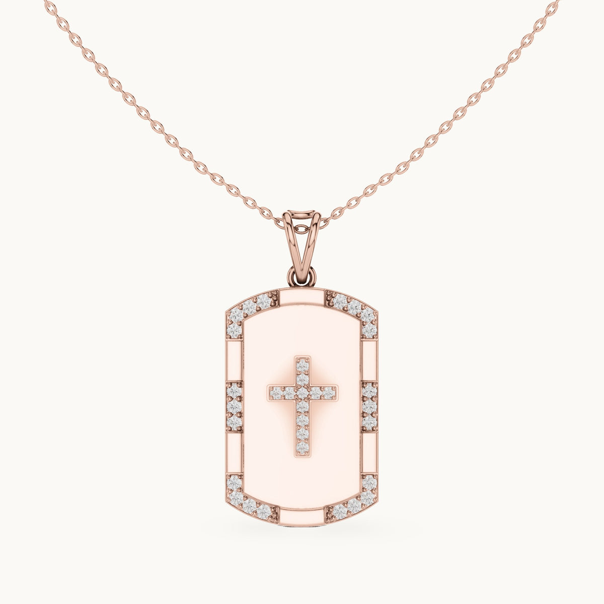 Round lab-grown diamond cross dog tag pendant in rose gold, 0.745 CT TW, view 4