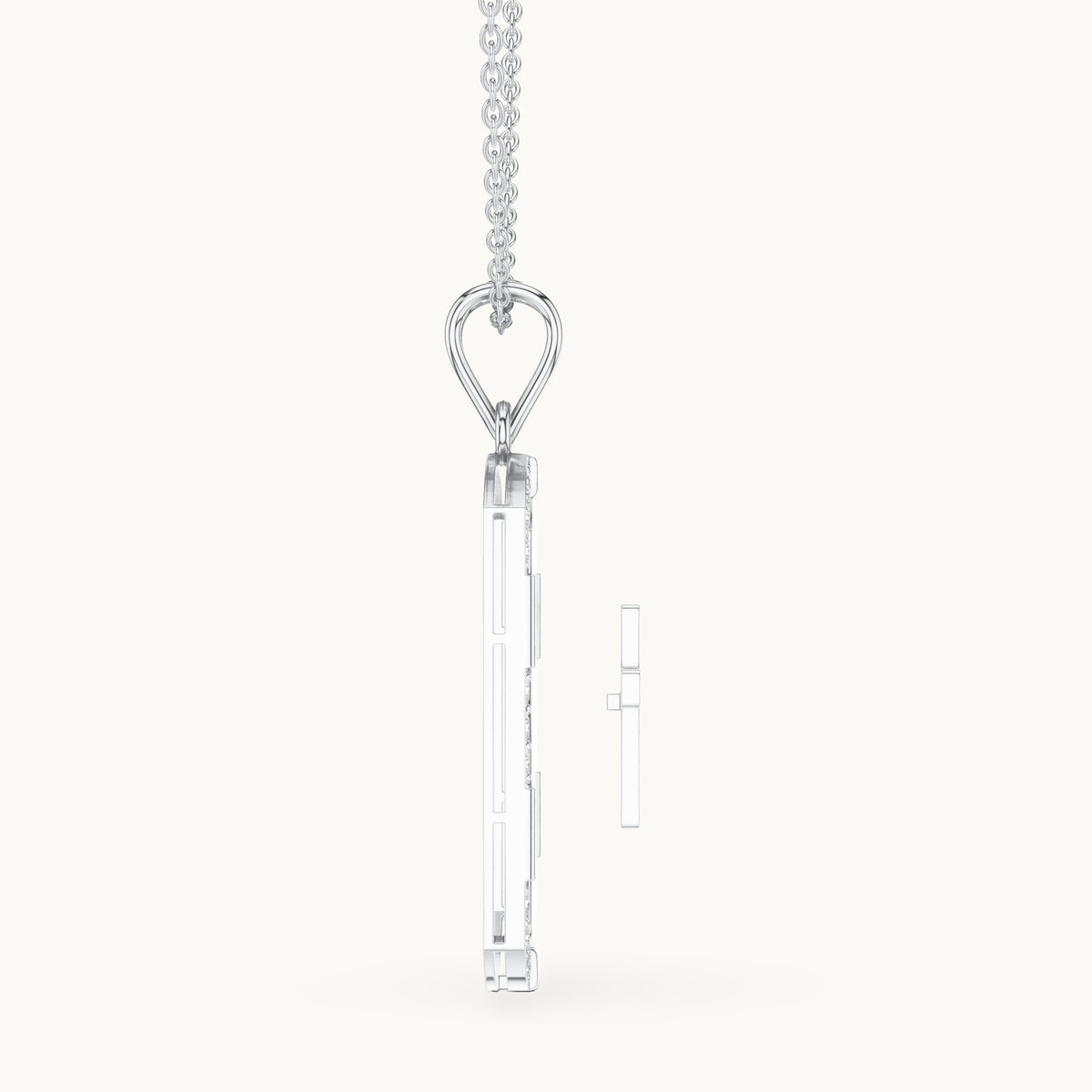 Round lab-grown diamond cross dog tag pendant in white gold, 0.745 CT TW, view 3