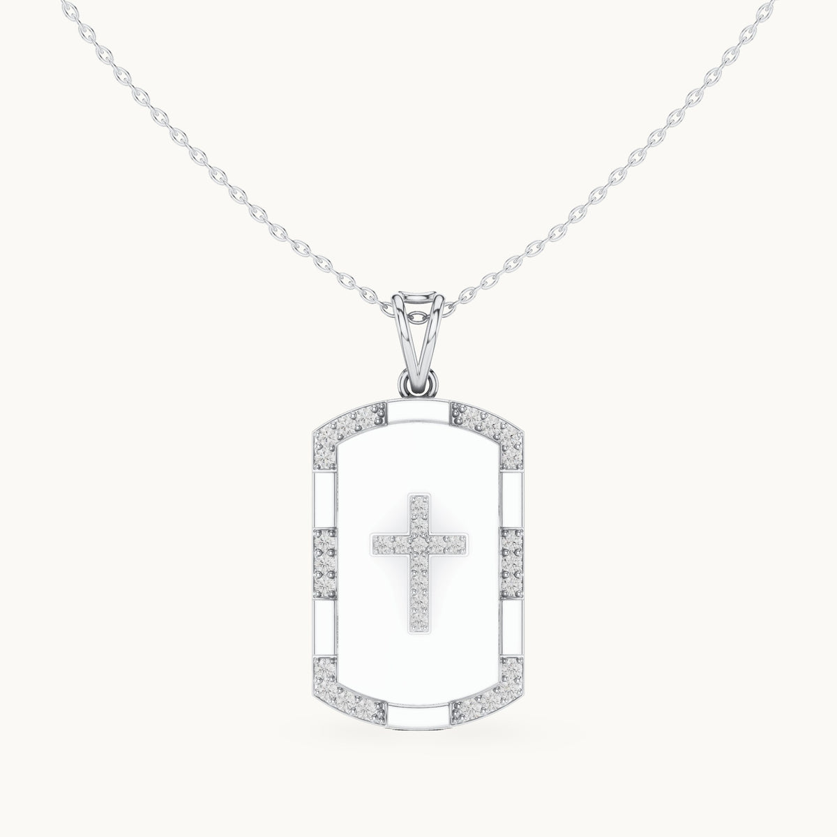 Round lab-grown diamond cross dog tag pendant in white gold, 0.745 CT TW, view 4