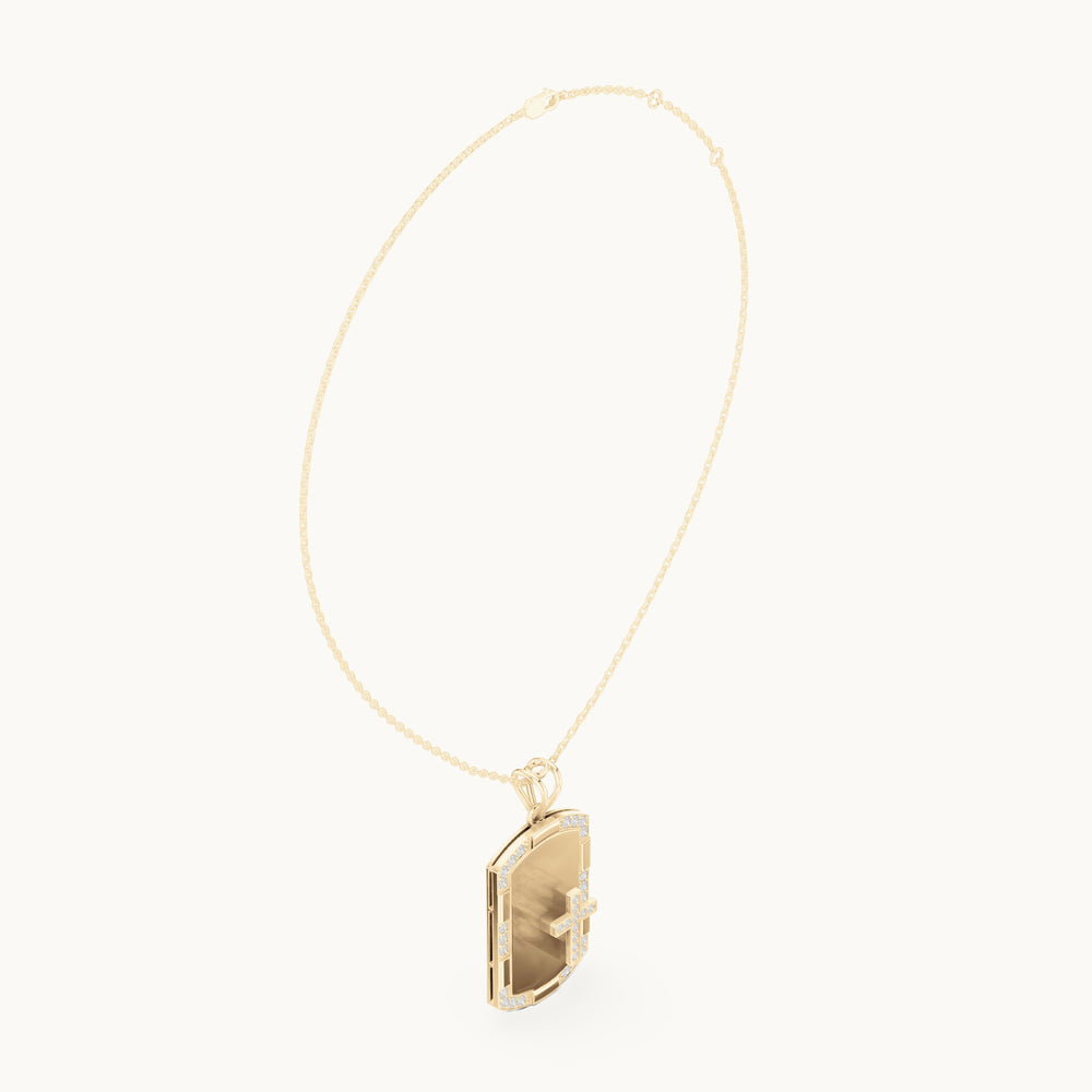 Round lab-grown diamond cross dog tag pendant in yellow gold, 0.745 CT TW, view 1