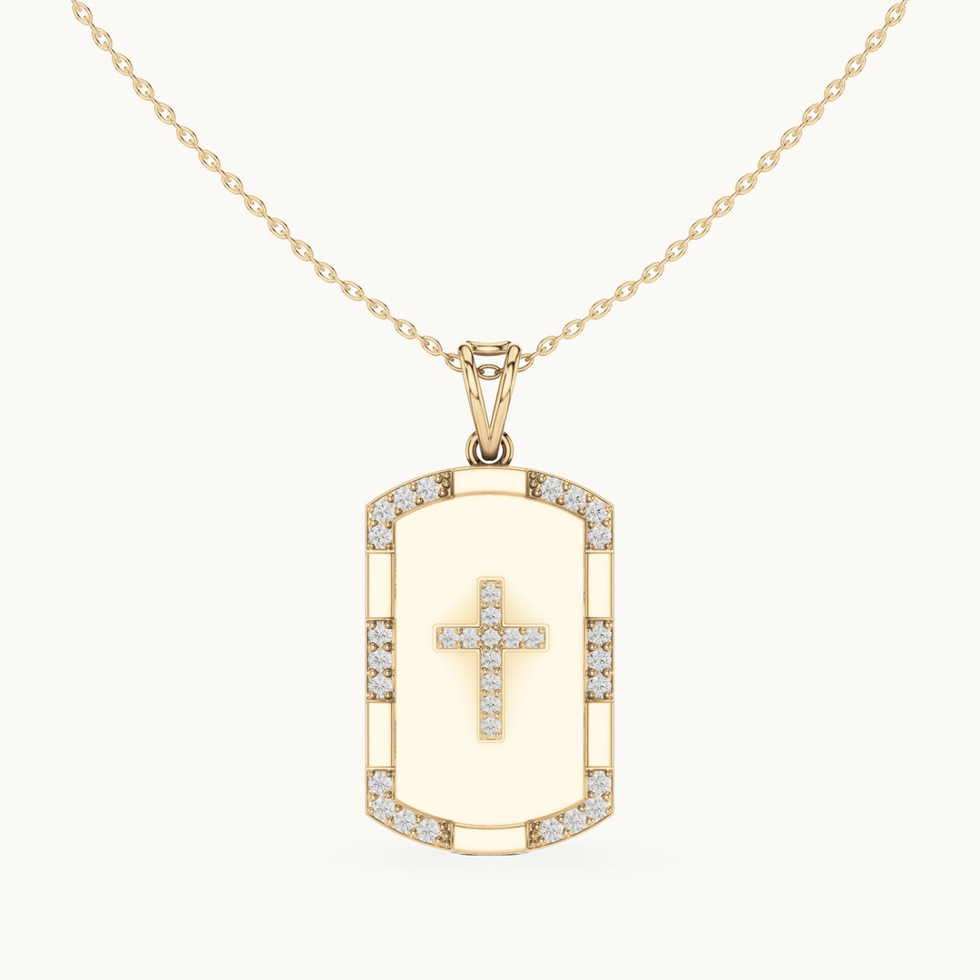 Round lab-grown diamond cross dog tag pendant in yellow gold, 0.745 CT TW, view 4
