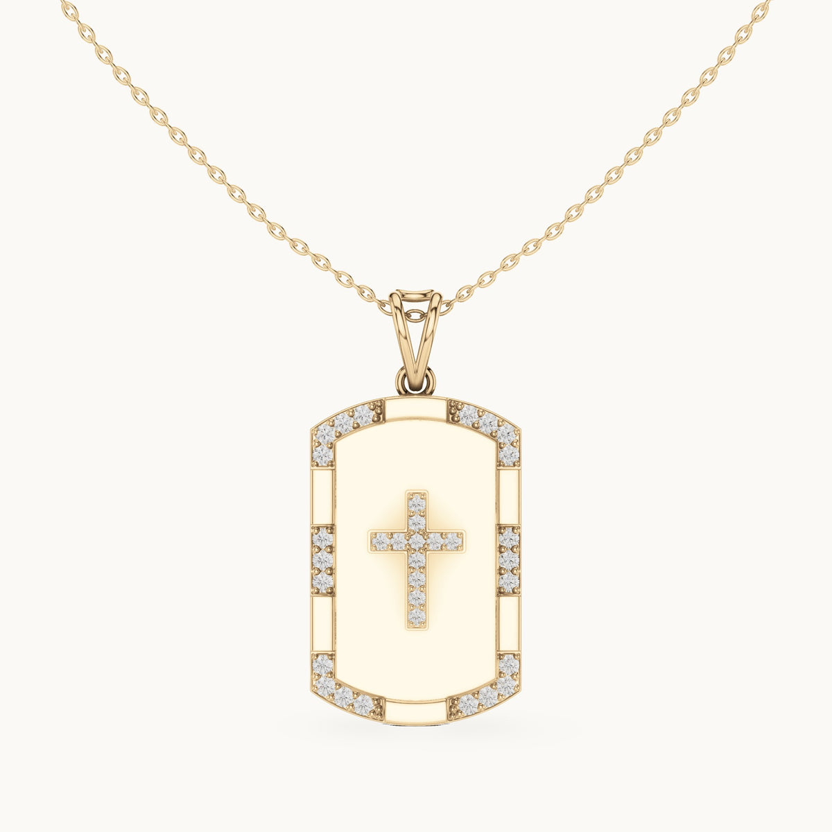 Round lab-grown diamond cross dog tag pendant in yellow gold, 0.745 CT TW, view 4