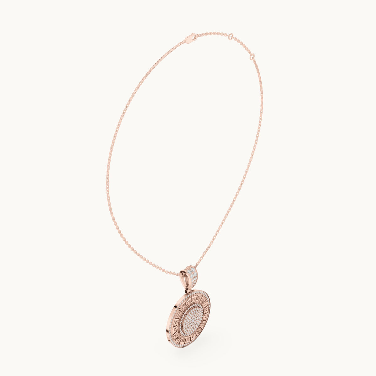 Round lab-grown diamond pave disc medallion pendant in rose gold, 1.421 CT TW, view 1