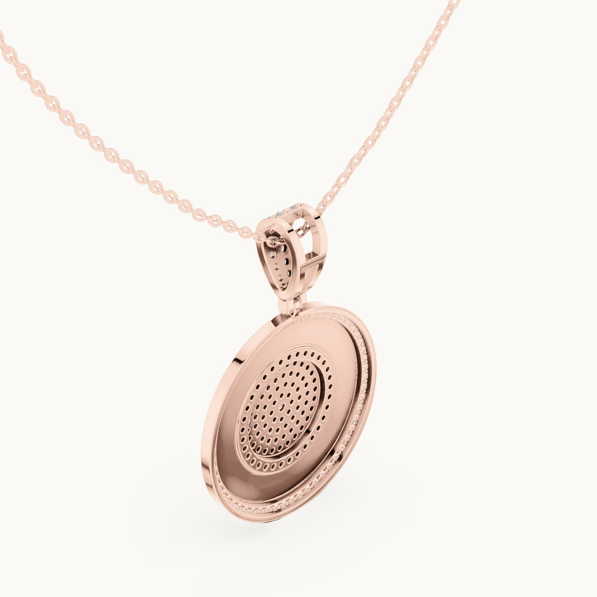 Round lab-grown diamond pave disc medallion pendant in rose gold, 1.421 CT TW, view 2