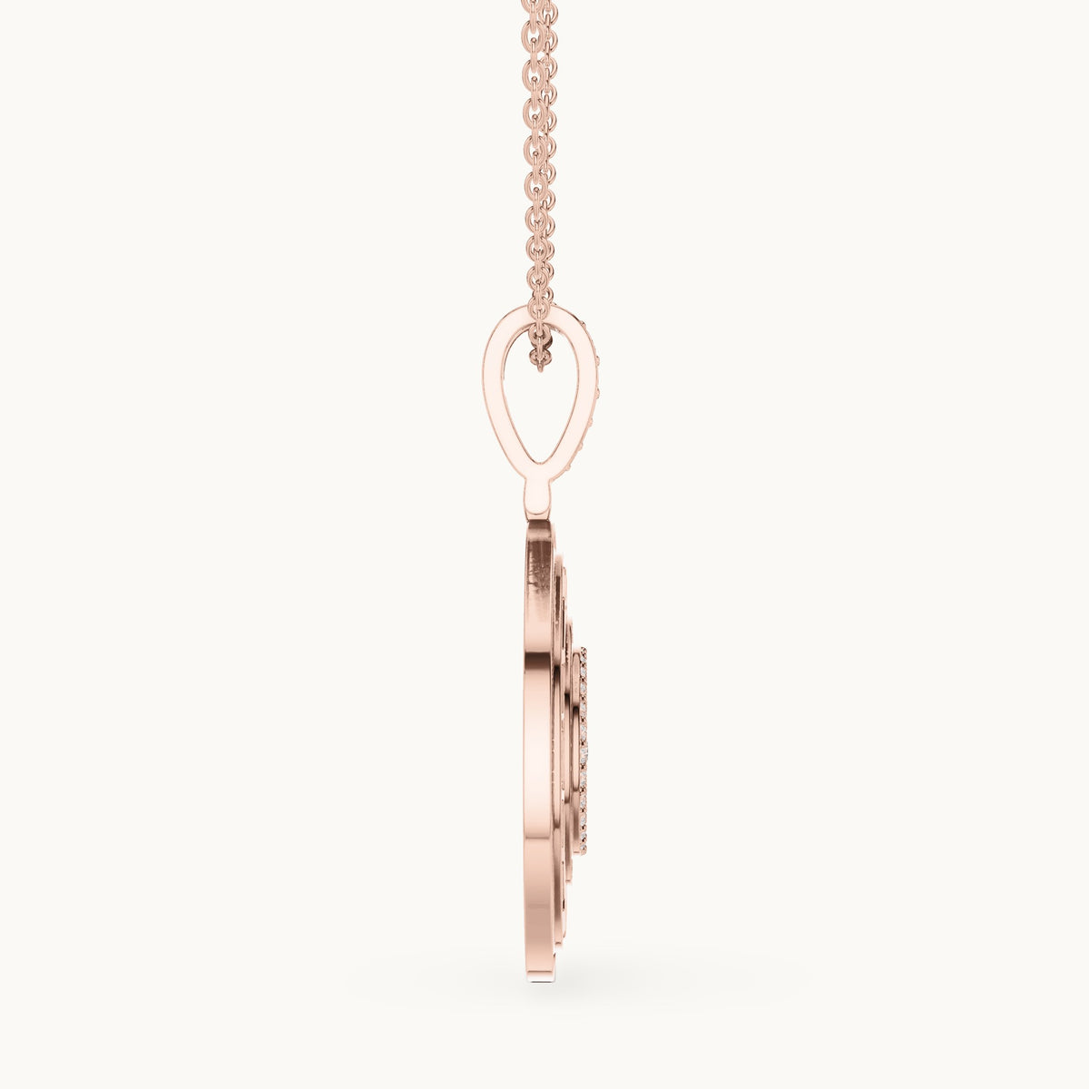 Round lab-grown diamond pave disc medallion pendant in rose gold, 1.421 CT TW, view 3