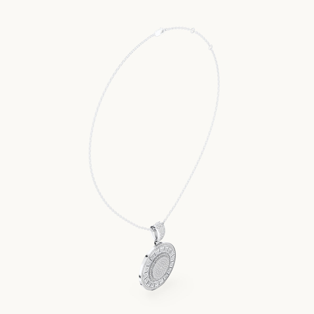 Round lab-grown diamond pave disc medallion pendant in white gold, 1.421 CT TW, view 1