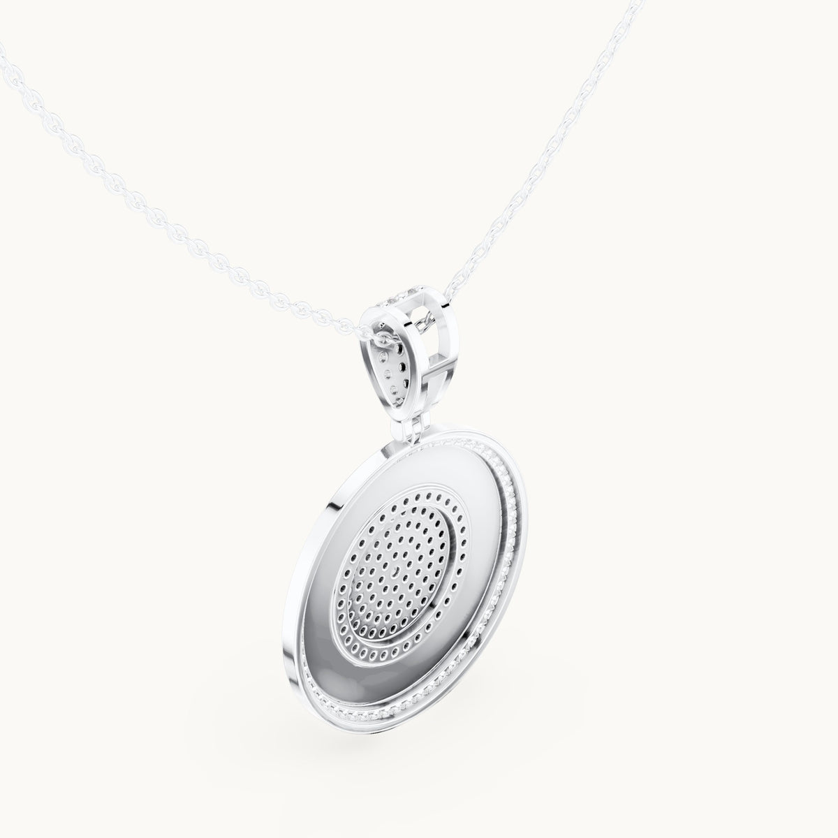 Round lab-grown diamond pave disc medallion pendant in white gold, 1.421 CT TW, view 2