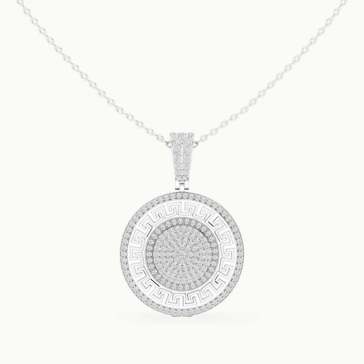 Round lab-grown diamond pave disc medallion pendant in white gold, 1.421 CT TW, view 4