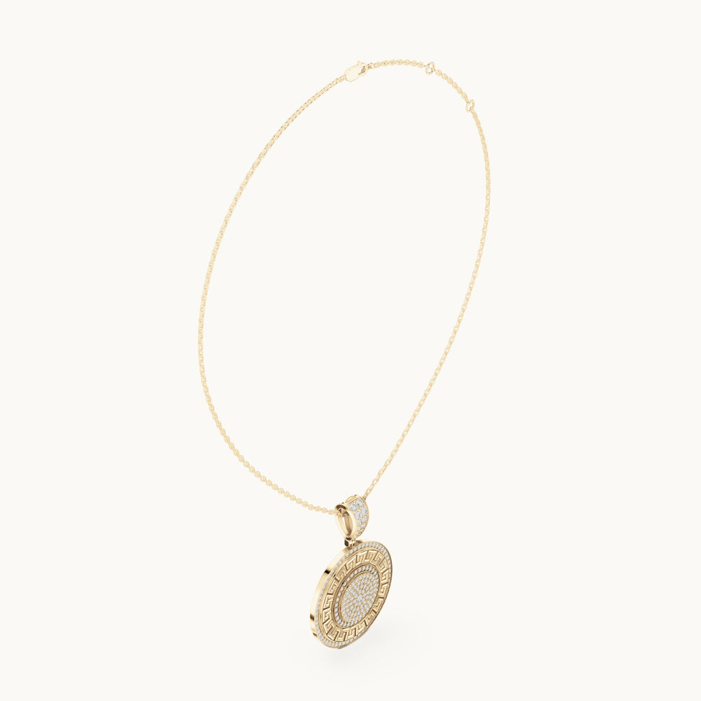 Round lab-grown diamond pave disc medallion pendant in yellow gold, 1.421 CT TW, view 1