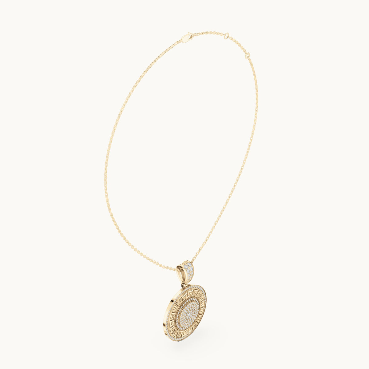 Round lab-grown diamond pave disc medallion pendant in yellow gold, 1.421 CT TW, view 1