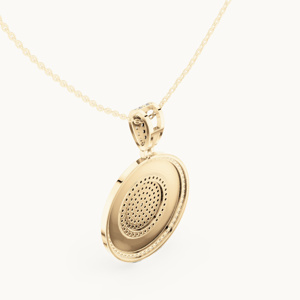 Round lab-grown diamond pave disc medallion pendant in yellow gold, 1.421 CT TW, view 2