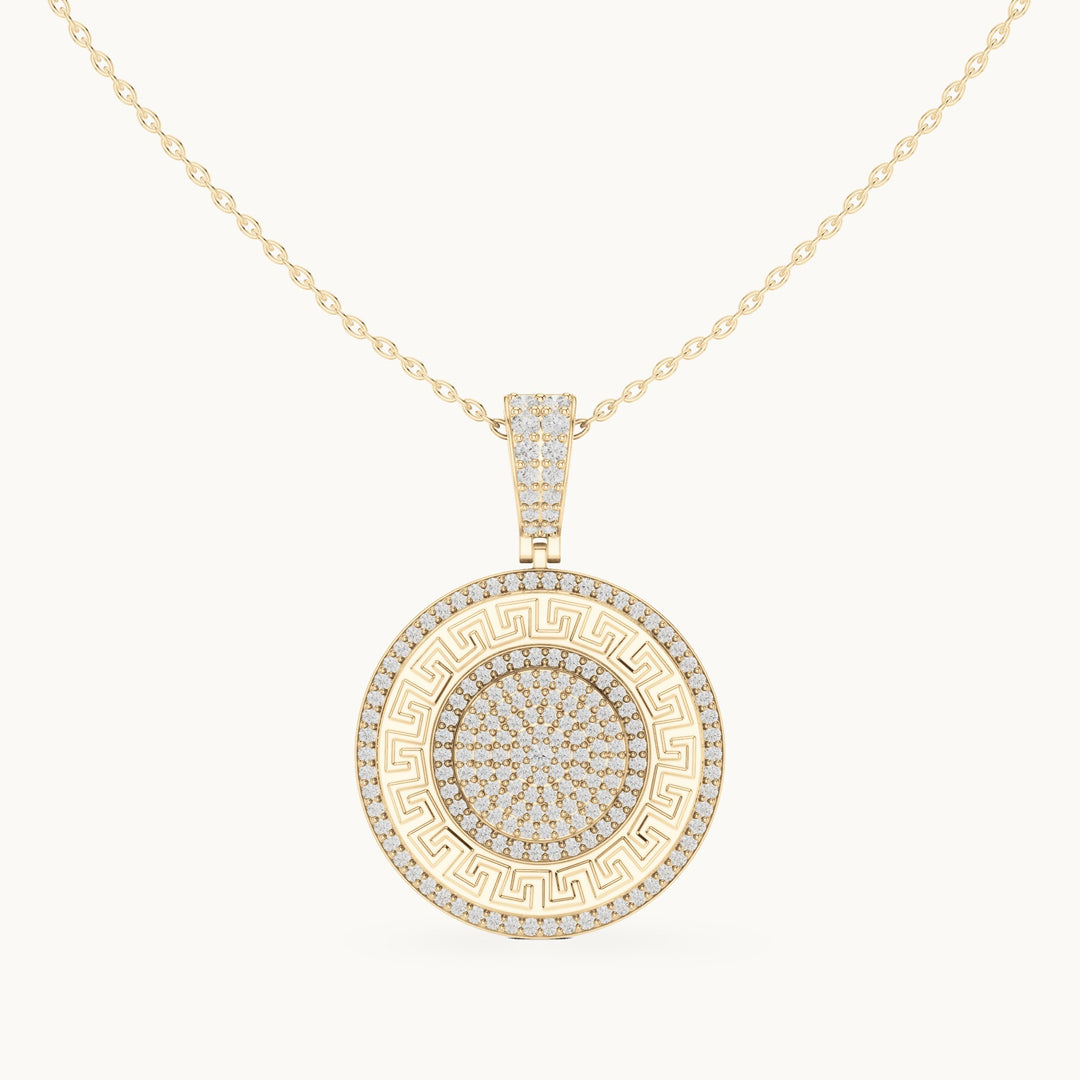 Round lab-grown diamond pave disc medallion pendant in yellow gold, 1.421 CT TW, view 4
