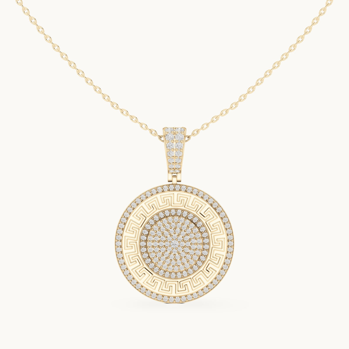 Round lab-grown diamond pave disc medallion pendant in yellow gold, 1.421 CT TW, view 4