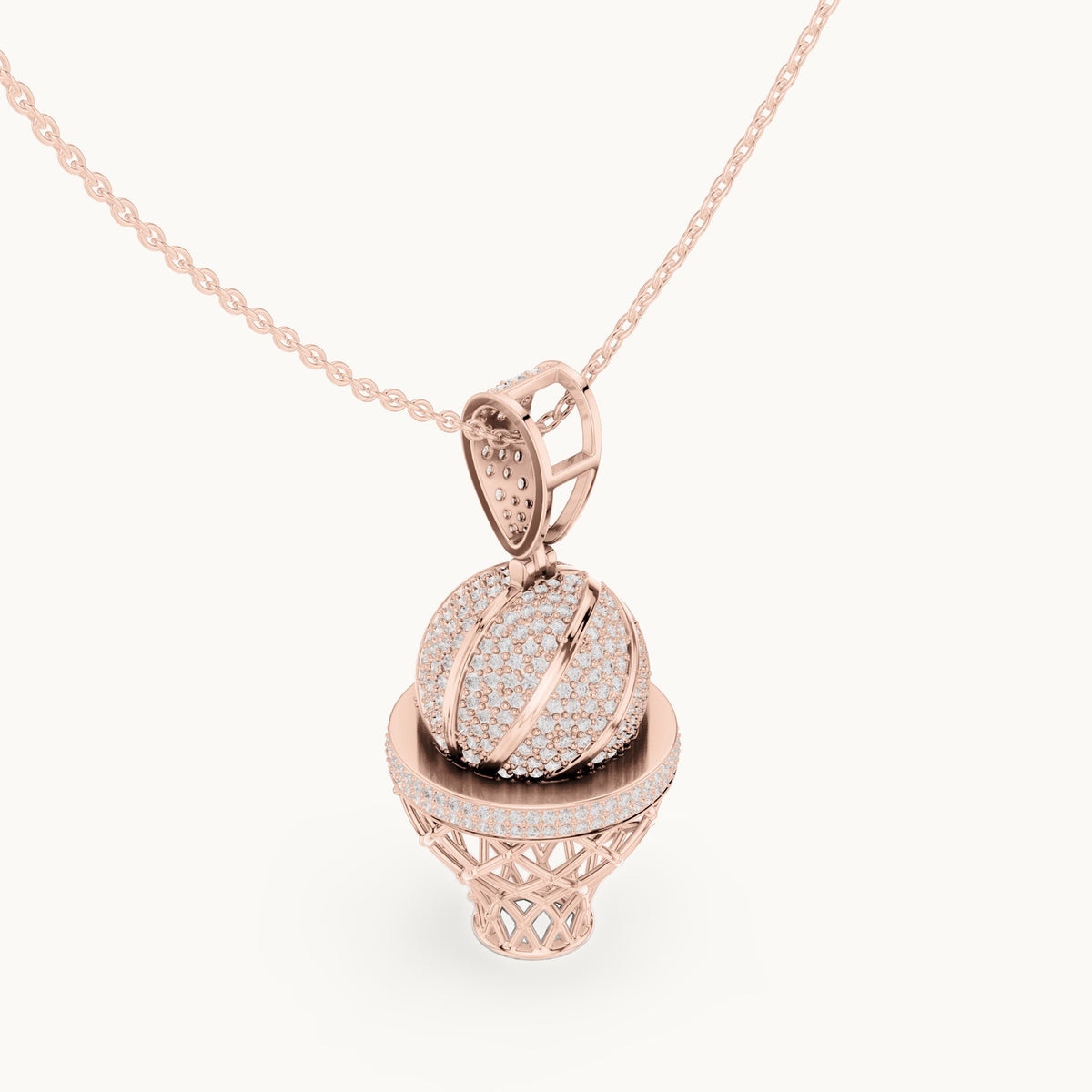 Round lab-grown diamond basketball hoop pendant in rose gold, 2.09 CT TW, view 2