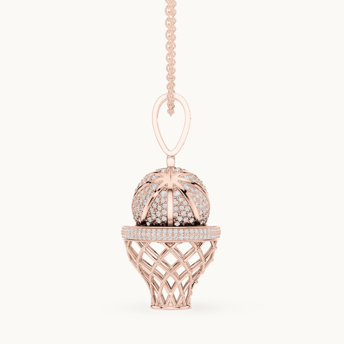 Round lab-grown diamond basketball hoop pendant in rose gold, 2.09 CT TW, view 3