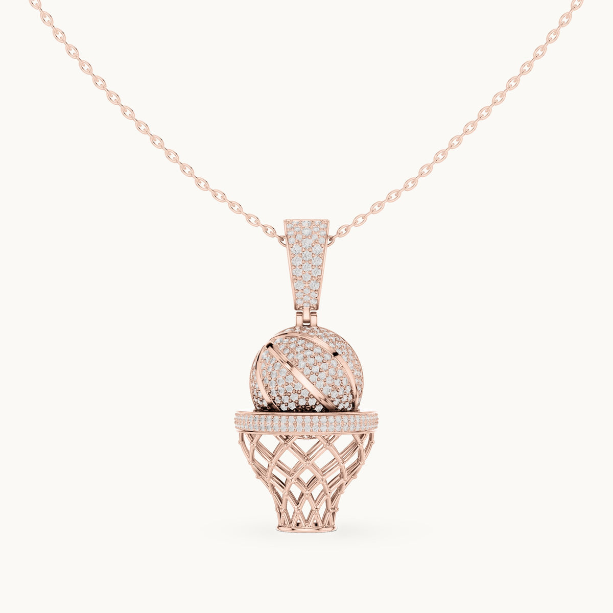 Round lab-grown diamond basketball hoop pendant in rose gold, 2.09 CT TW, view 4