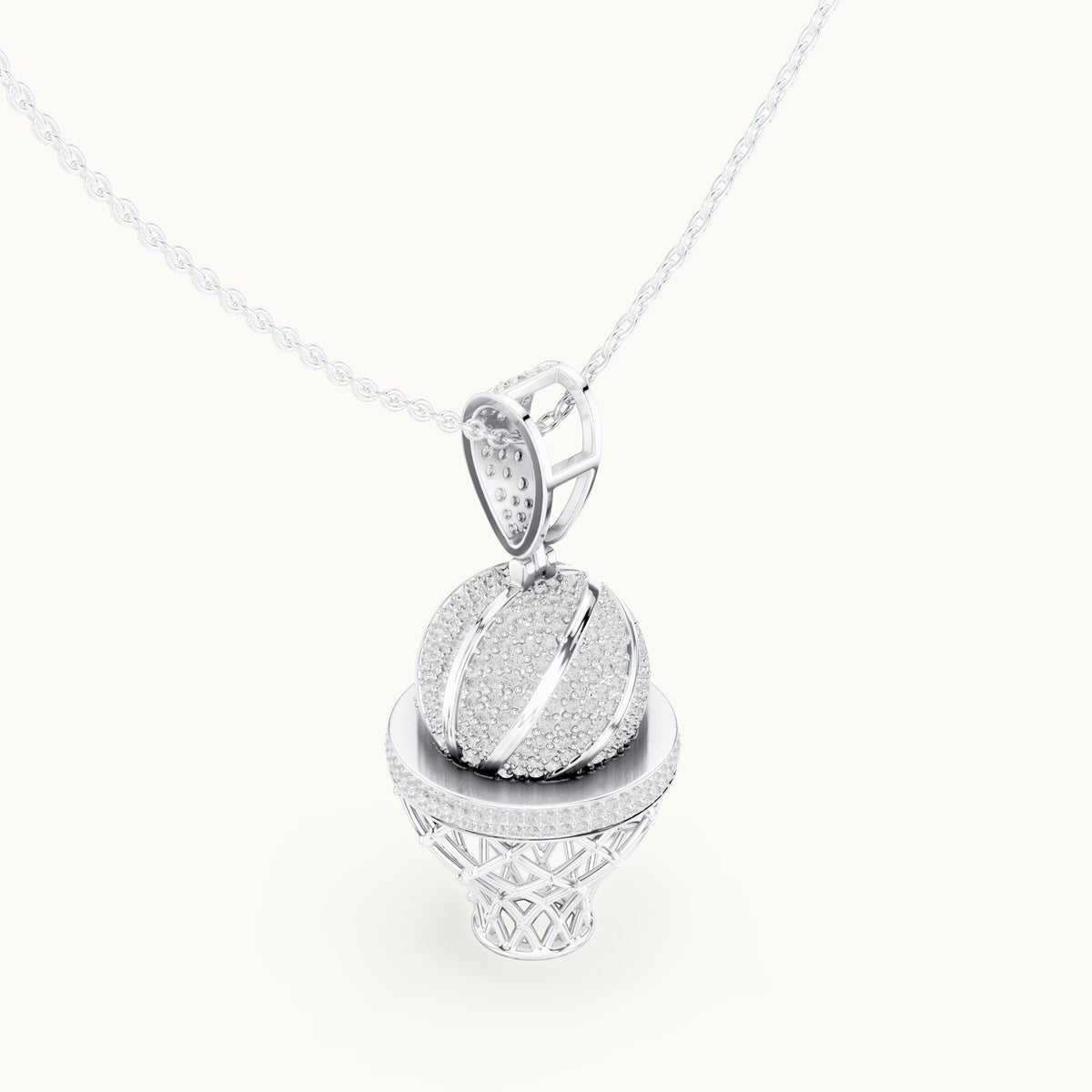 Round lab-grown diamond basketball hoop pendant in white gold, 2.09 CT TW, view 2