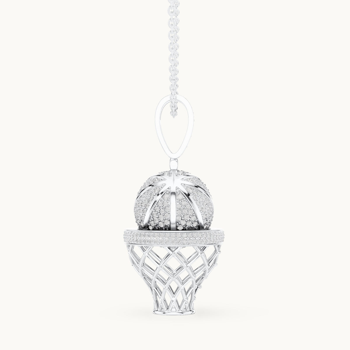 Round lab-grown diamond basketball hoop pendant in white gold, 2.09 CT TW, view 3