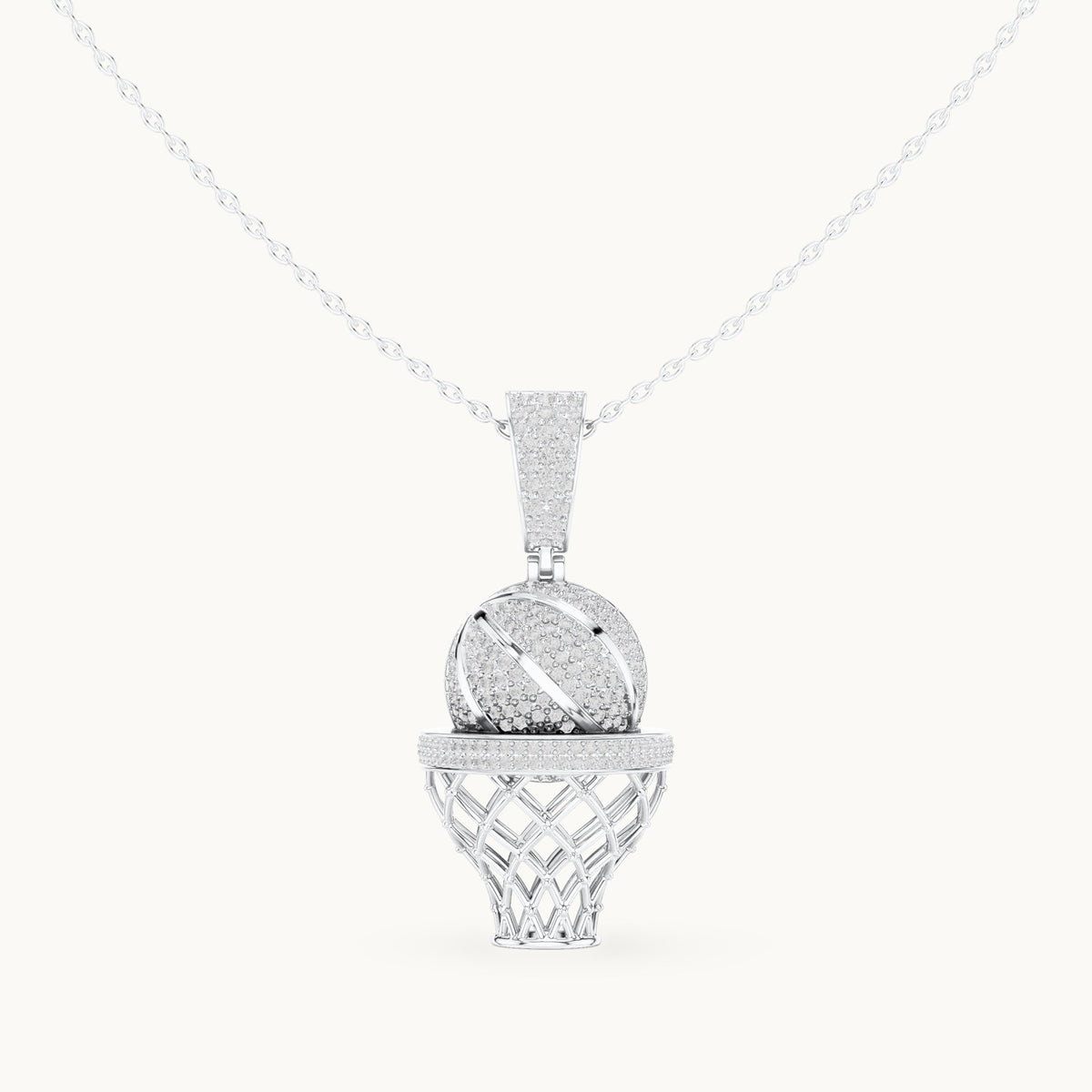 Round lab-grown diamond basketball hoop pendant in white gold, 2.09 CT TW, view 4