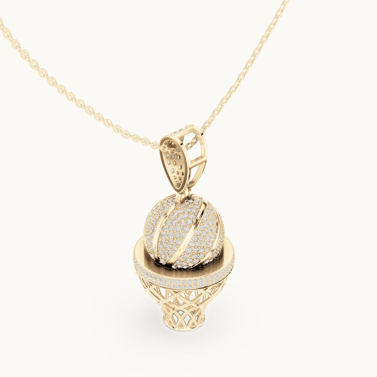 Round lab-grown diamond basketball hoop pendant in yellow gold, 2.09 CT TW, view 2