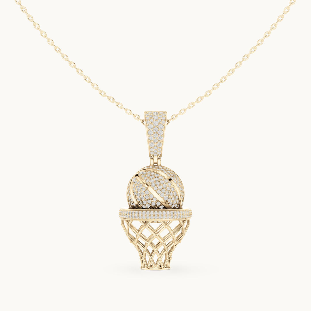 Round lab-grown diamond basketball hoop pendant in yellow gold, 2.09 CT TW, view 4