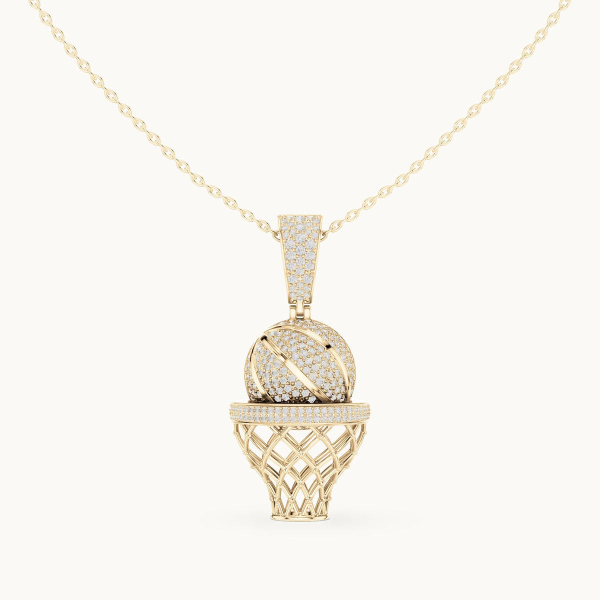 Round lab-grown diamond basketball hoop pendant in yellow gold, 2.09 CT TW, view 4