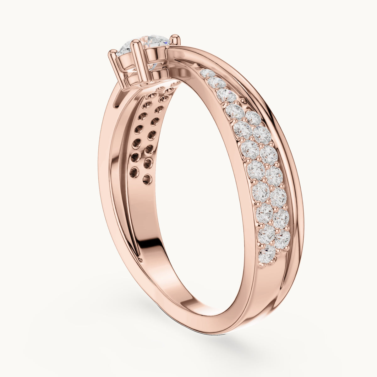 Round lab-grown diamond crossover pavé engagement ring in rose gold, 0.672 CT TW, view 1