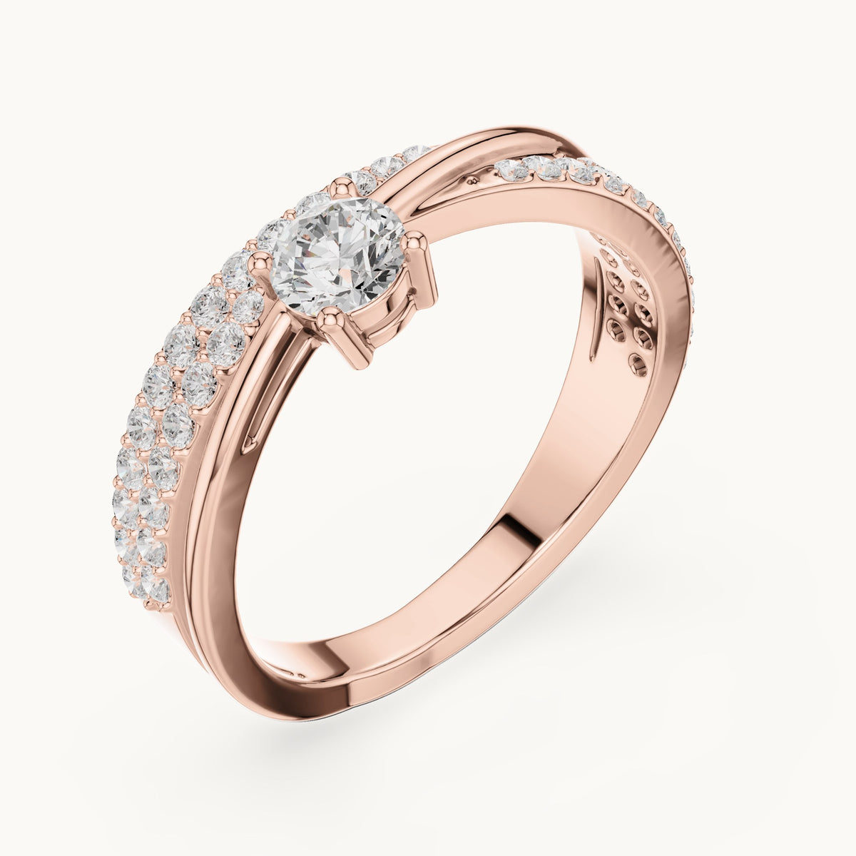Round lab-grown diamond crossover pavé engagement ring in rose gold, 0.672 CT TW, view 2