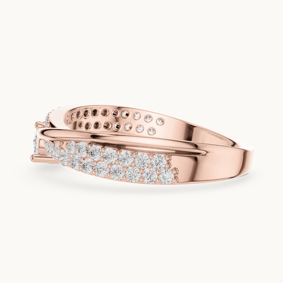 Round lab-grown diamond crossover pavé engagement ring in rose gold, 0.672 CT TW, view 3