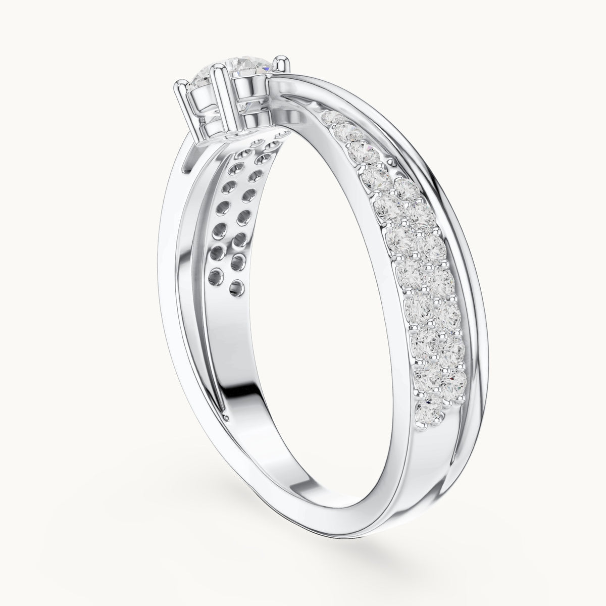 Round lab-grown diamond crossover pavé engagement ring in white gold, 0.672 CT TW, view 1