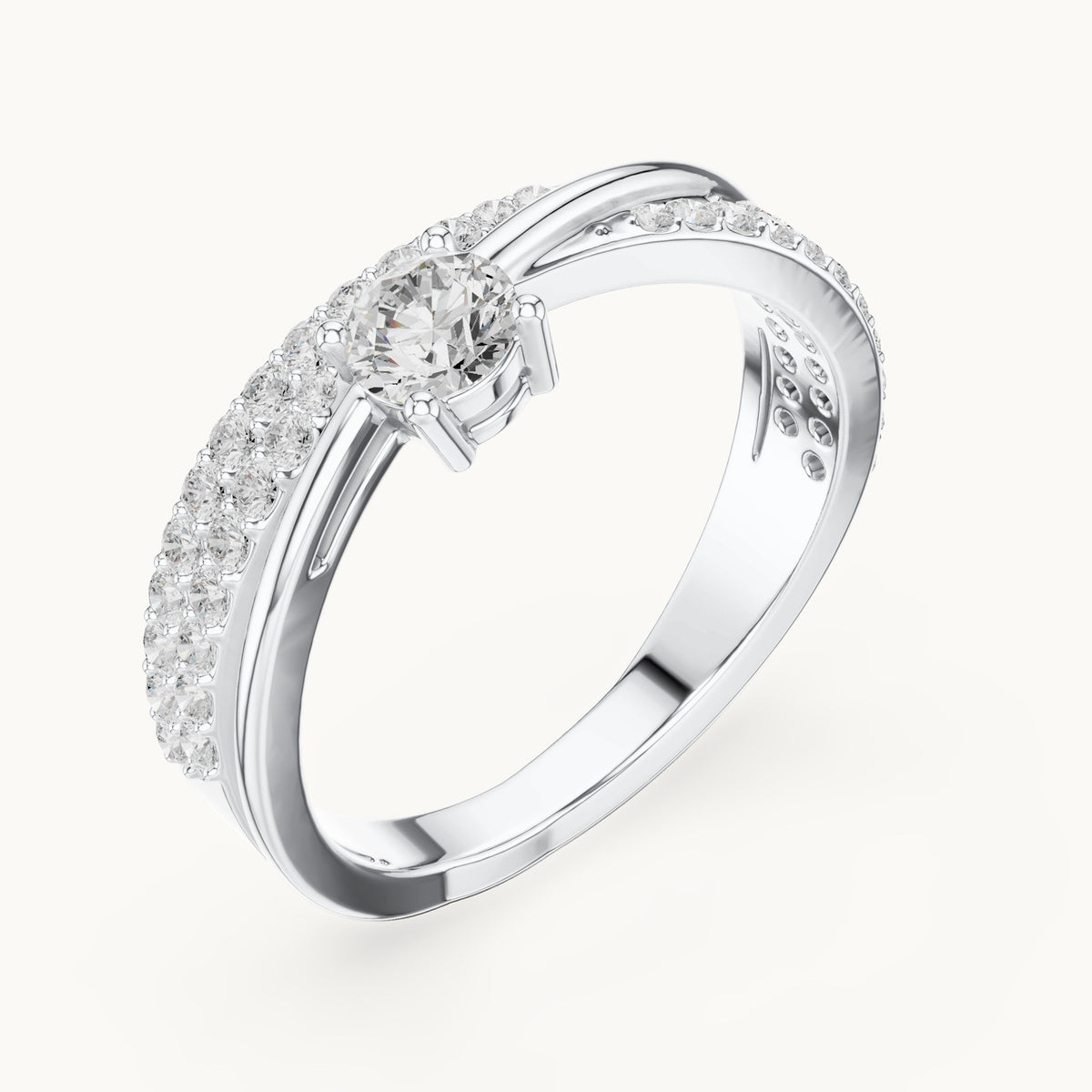Round lab-grown diamond crossover pavé engagement ring in white gold, 0.672 CT TW, view 2