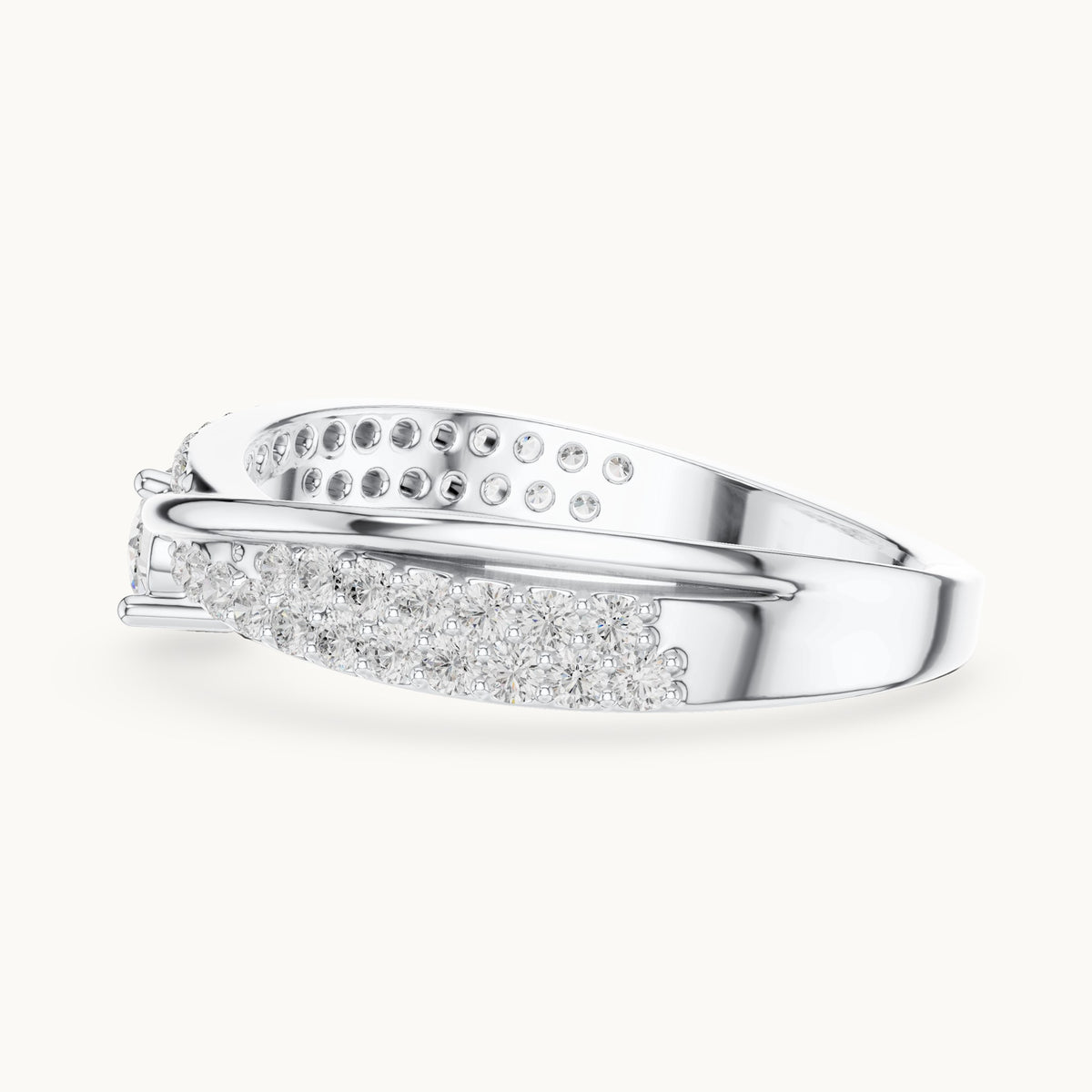 Round lab-grown diamond crossover pavé engagement ring in white gold, 0.672 CT TW, view 3