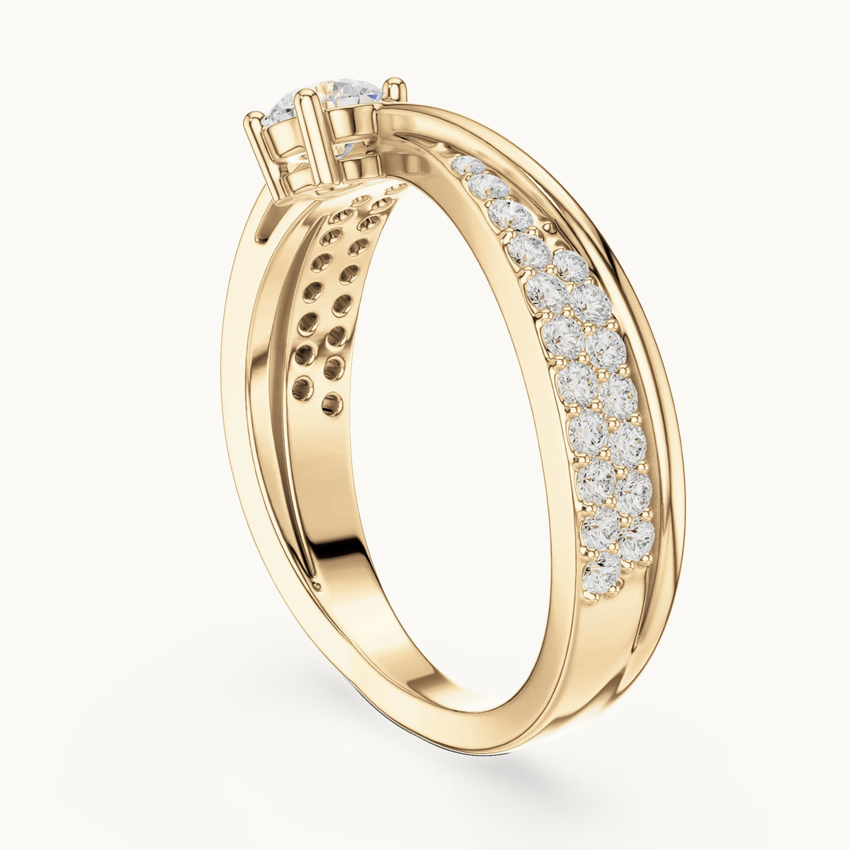 Round lab-grown diamond crossover pavé engagement ring in yellow gold, 0.672 CT TW, view 1