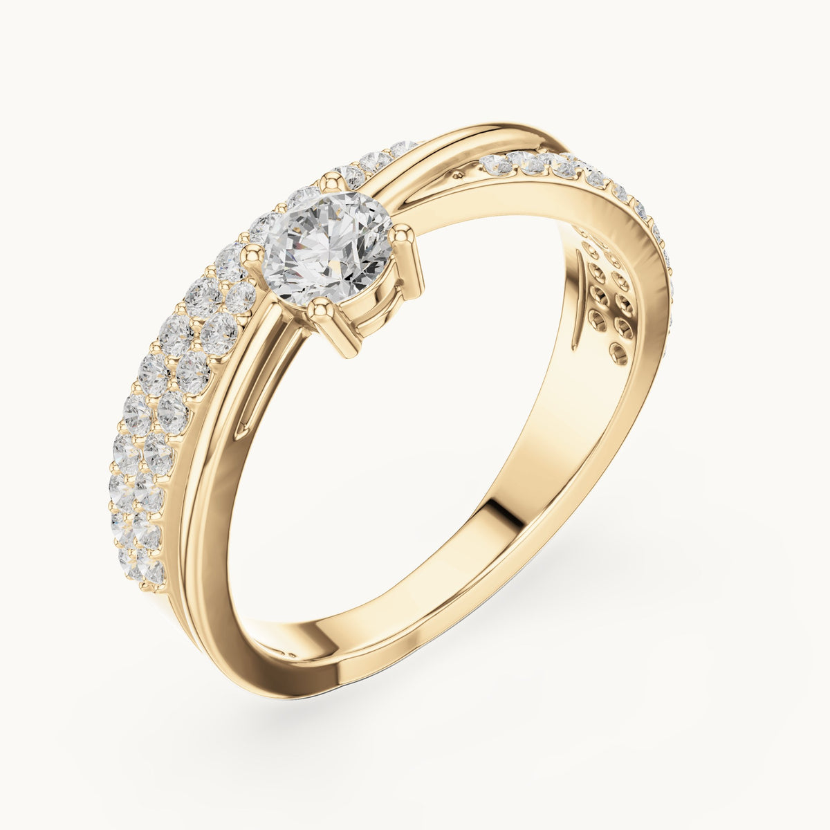 Round lab-grown diamond crossover pavé engagement ring in yellow gold, 0.672 CT TW, view 2