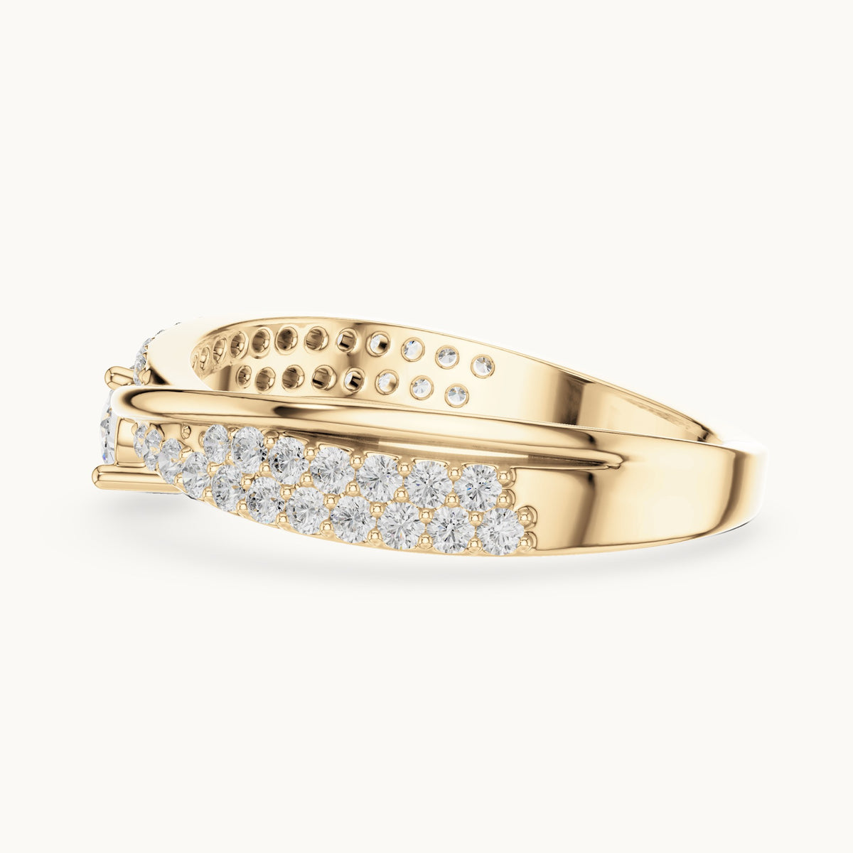 Round lab-grown diamond crossover pavé engagement ring in yellow gold, 0.672 CT TW, view 3