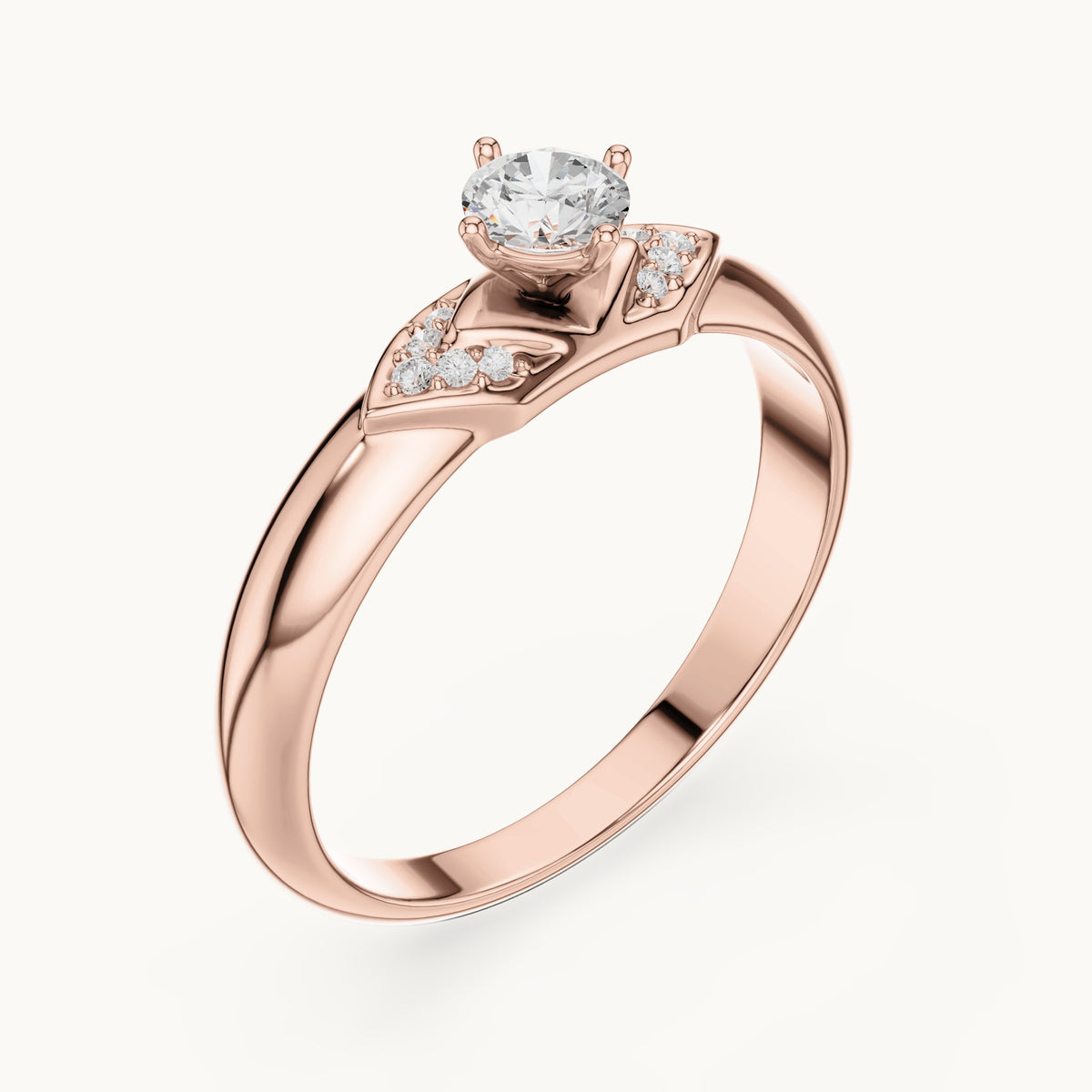 Round lab-grown diamond solitaire ring with pave accents in rose gold, 0.338 CT TW, view 2