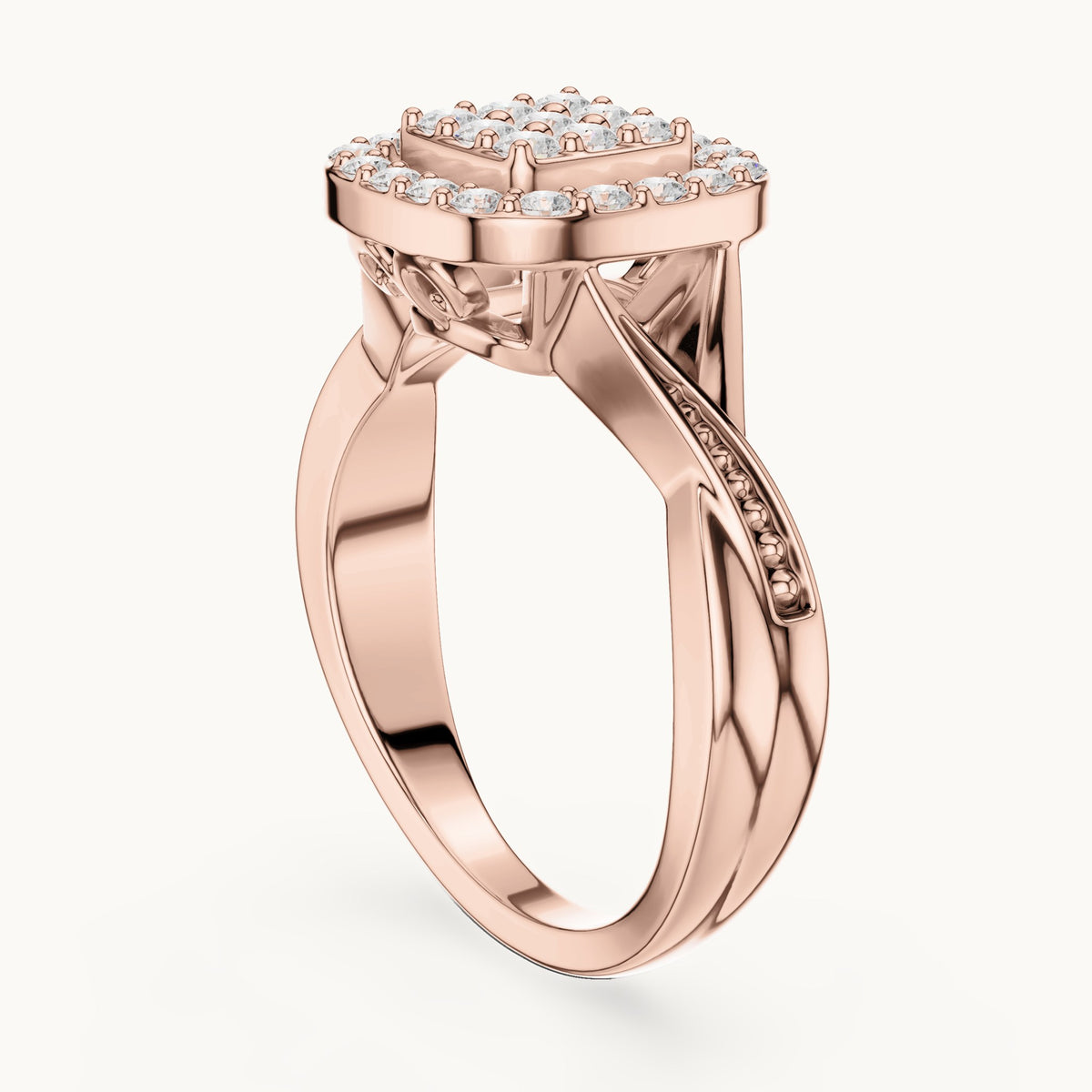 Round lab-grown diamond cushion cluster halo ring in rose gold, 0.495 CT TW, view 1