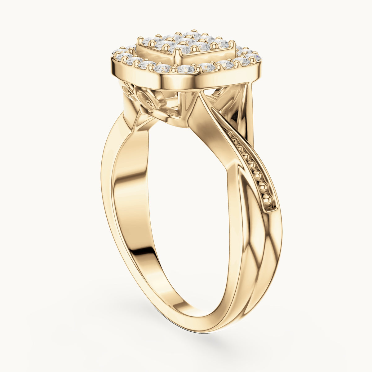 Round lab-grown diamond cushion cluster halo ring in yellow gold, 0.495 CT TW, view 1